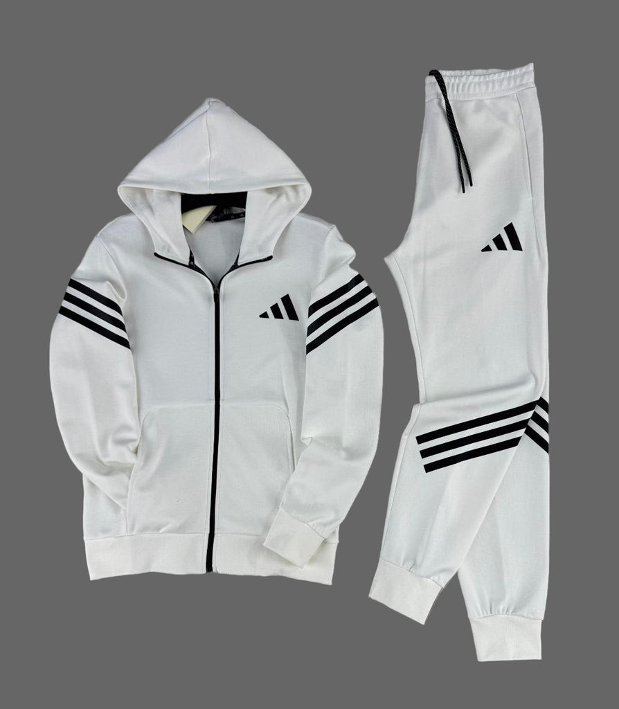 Moška Adidas trenirka, bela, s črnimi črtami in črnim logotipom