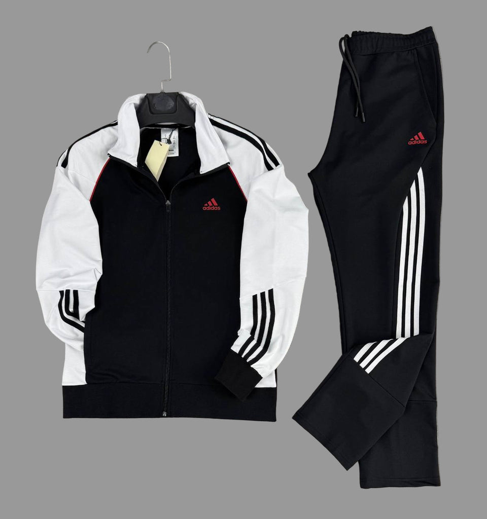 Moški športni kombinezon Adidas, bel in črn, z rdečim logotipom
