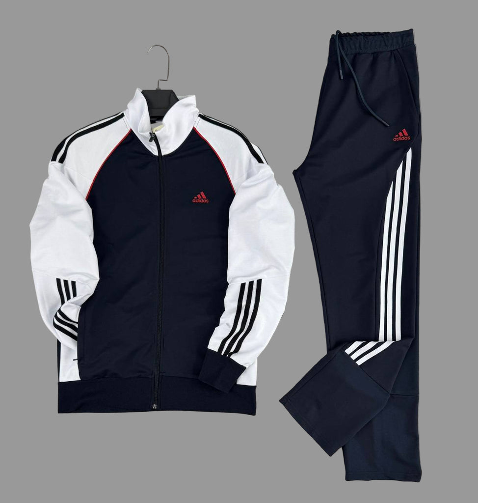Moški športni kombinezon Adidas, bel in temno moder, z rdečim logotipom