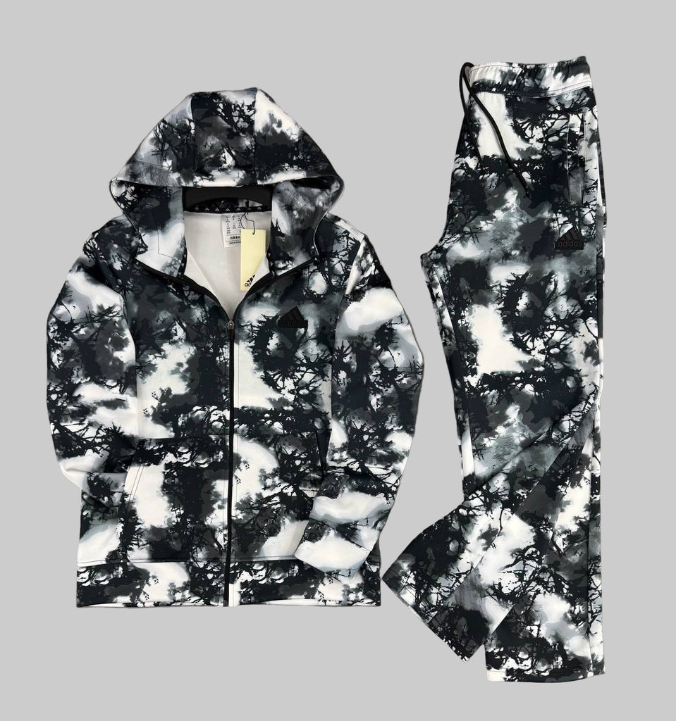 Moški športni komplet Adidas, belo-črn s pršenim vzorcem