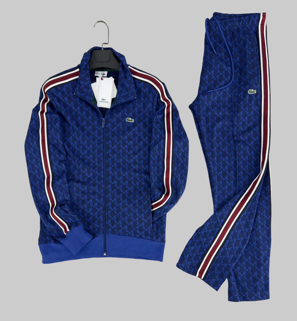 Moška trenirka Lacoste, žakard monogram, modra. Vrhunska kakovost.