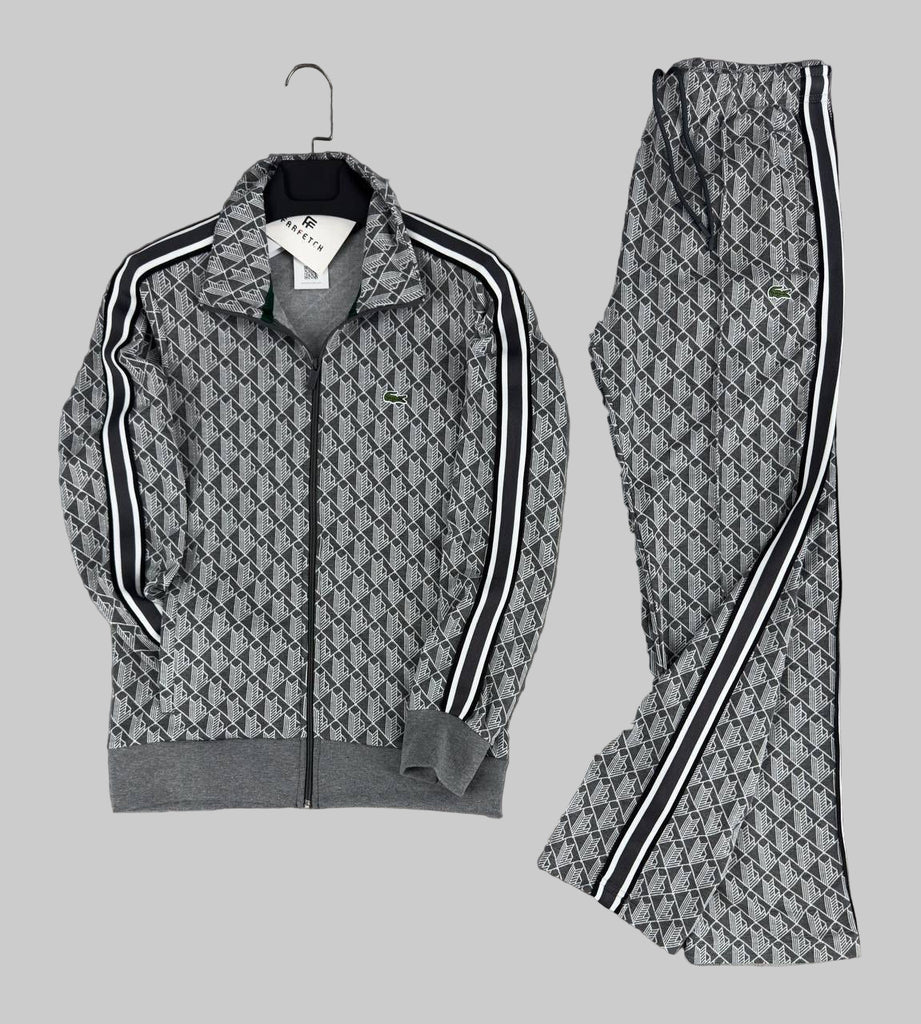 Moška trenirka Lacoste, žakard monogram, siva. Vrhunska kakovost.
