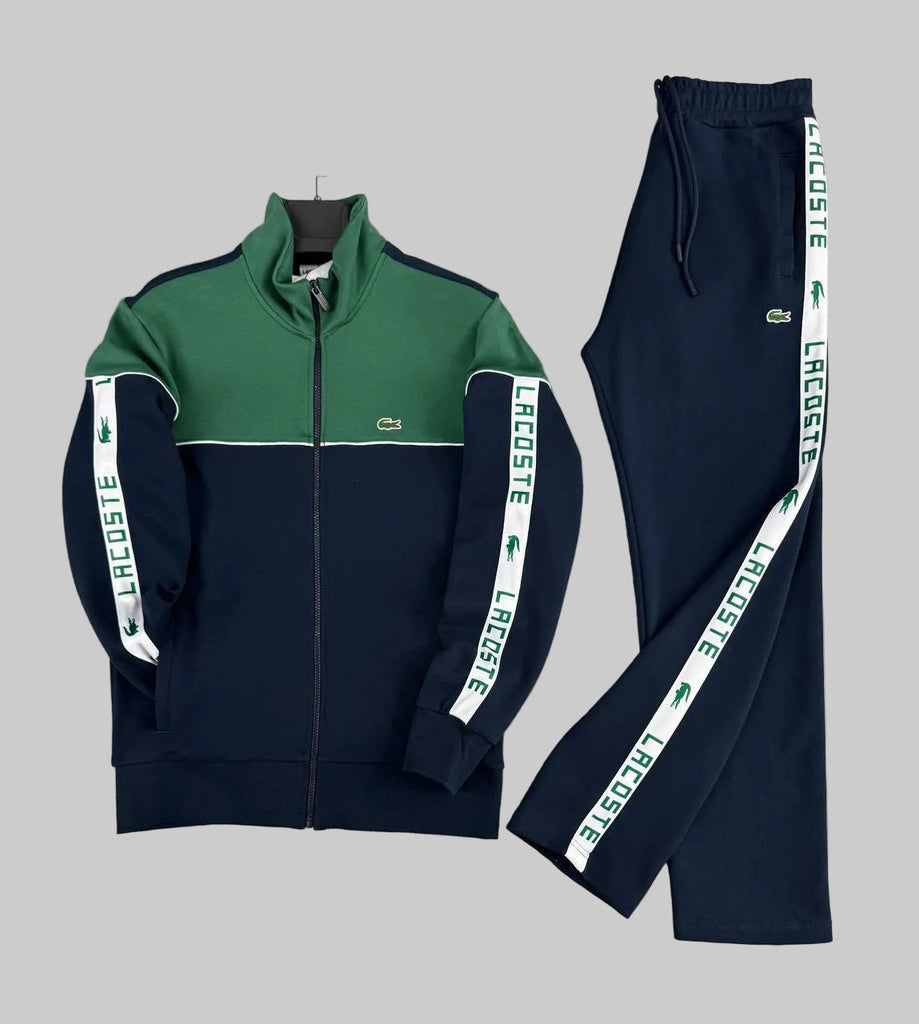 Moška trenirka Lacoste, zelena s temno modrimi detajli in belim logotipnim trakom – ravne hlačnice