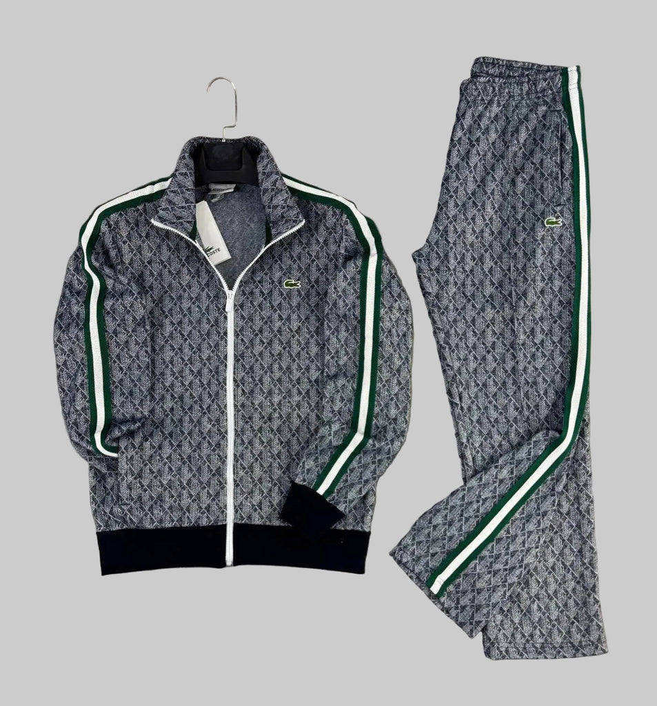 Moška trenirka Lacoste, žakard monogram, črno-bela z belimi in zelenimi črtami