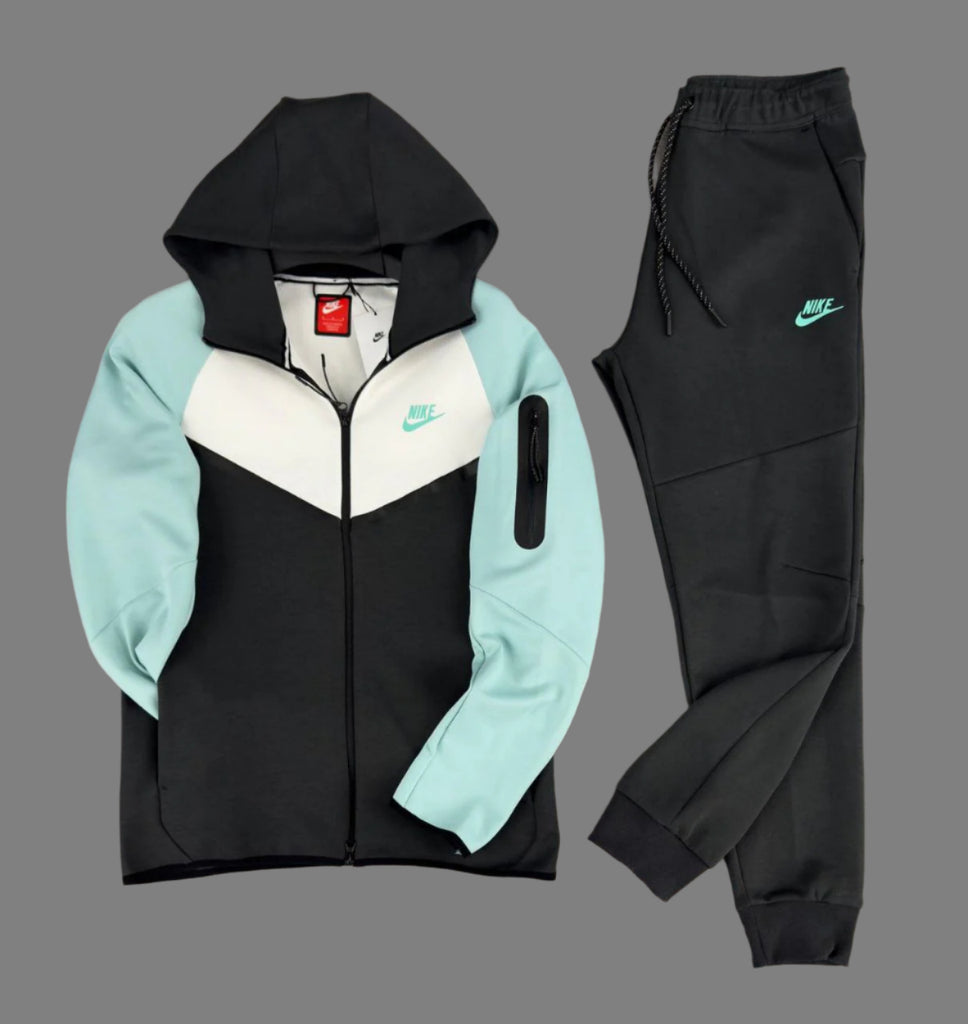 Moški športni komplet Nike Tech Fleece, grafitna, bela in svetlo mint barva. Model 2024. Vrhunska kakovost