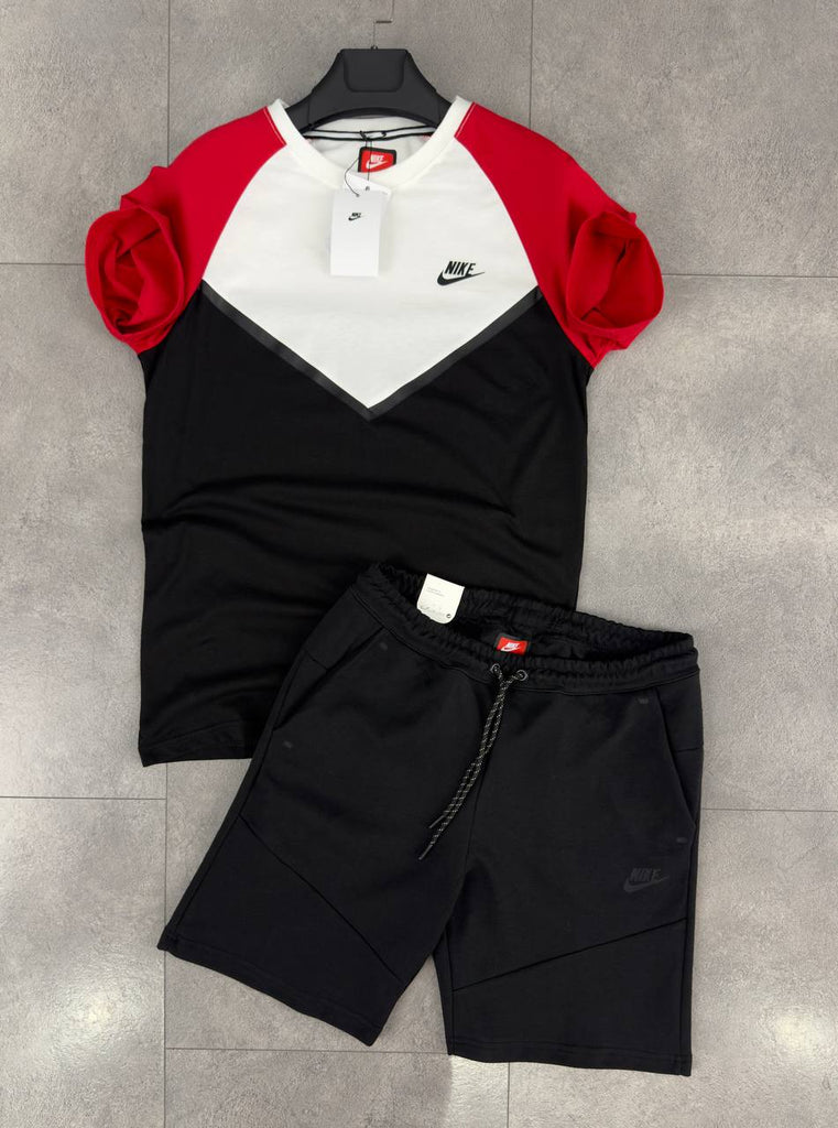 Moški komplet Nike Tech Fleece, sestavljen iz črnih kratkih hlač in bele, rdeče in črne majice s kratkimi rokavi. Vrhunska kakovost.