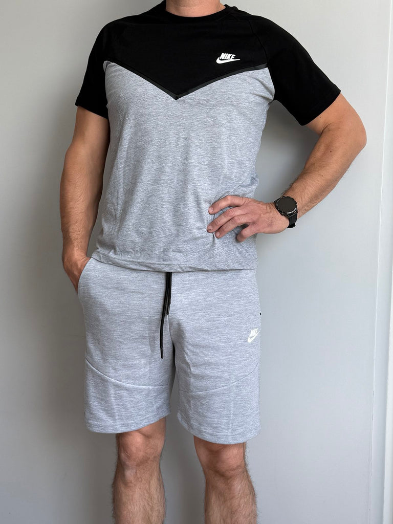 Moški komplet Nike Tech Fleece, črno-siva majica in sive kratke hlače. Vrhunska kakovost.