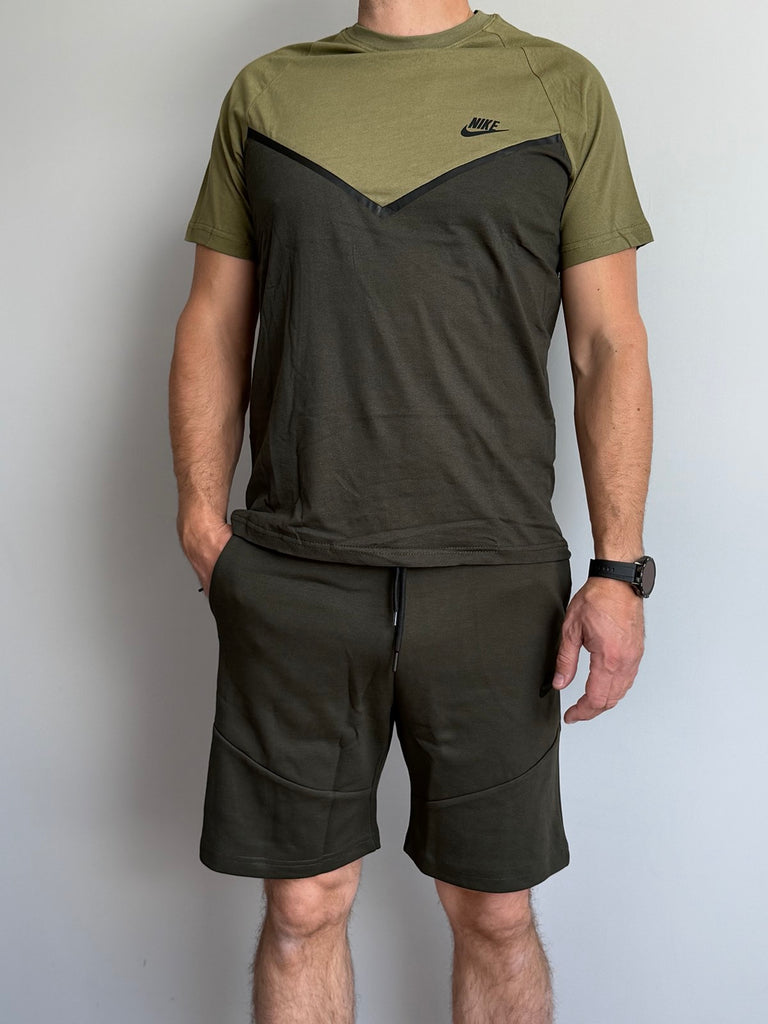 Moški komplet Nike Tech Fleece, majica in kratke hlače, v svetlo in temno olivno zeleni barvi. Vrhunska kakovost.