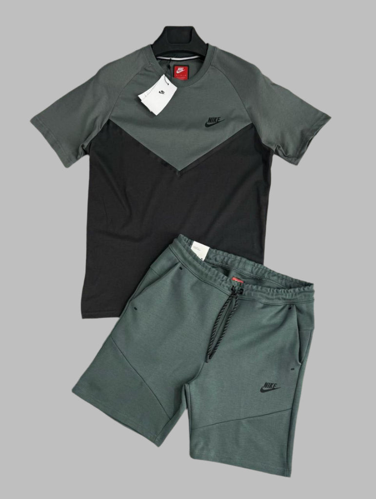 Moški komplet Nike Tech Fleece s kratkimi hlačami in majico, sivo-zelena in grafitna. Premium kakovost.