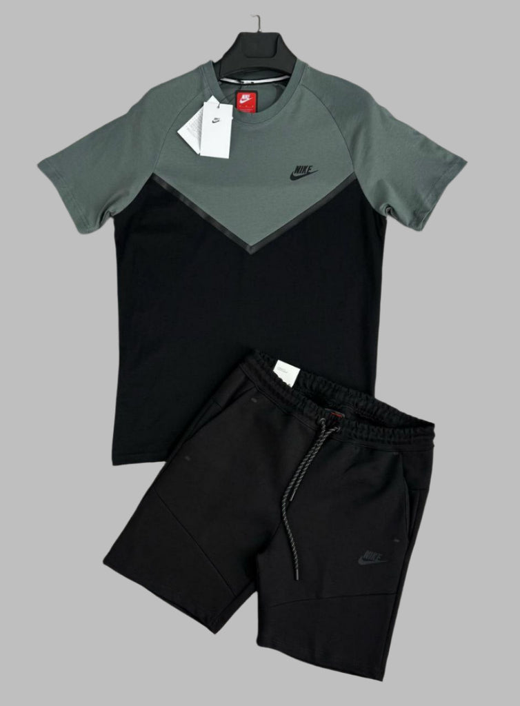 Moški komplet Nike Tech Fleece s kratkimi hlačami in majico, sivo-zelena in črna. Premium kakovost.