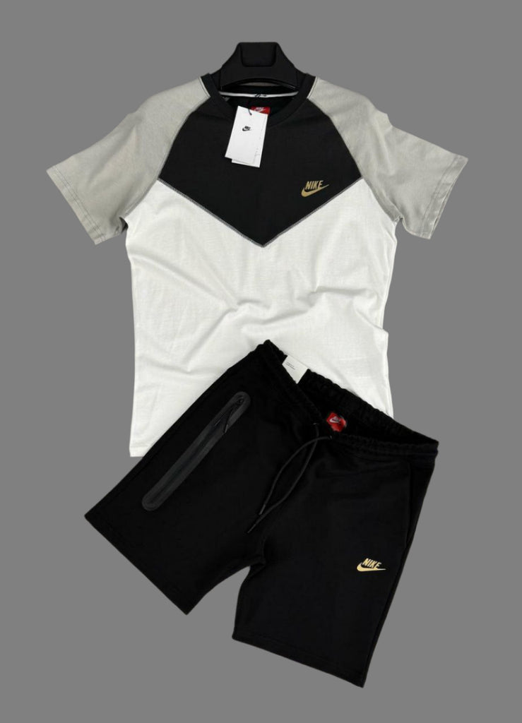 Moški komplet Nike Tech Fleece, ecru, sivo-črna majica in črne kratke hlače. Vrhunska kakovost.