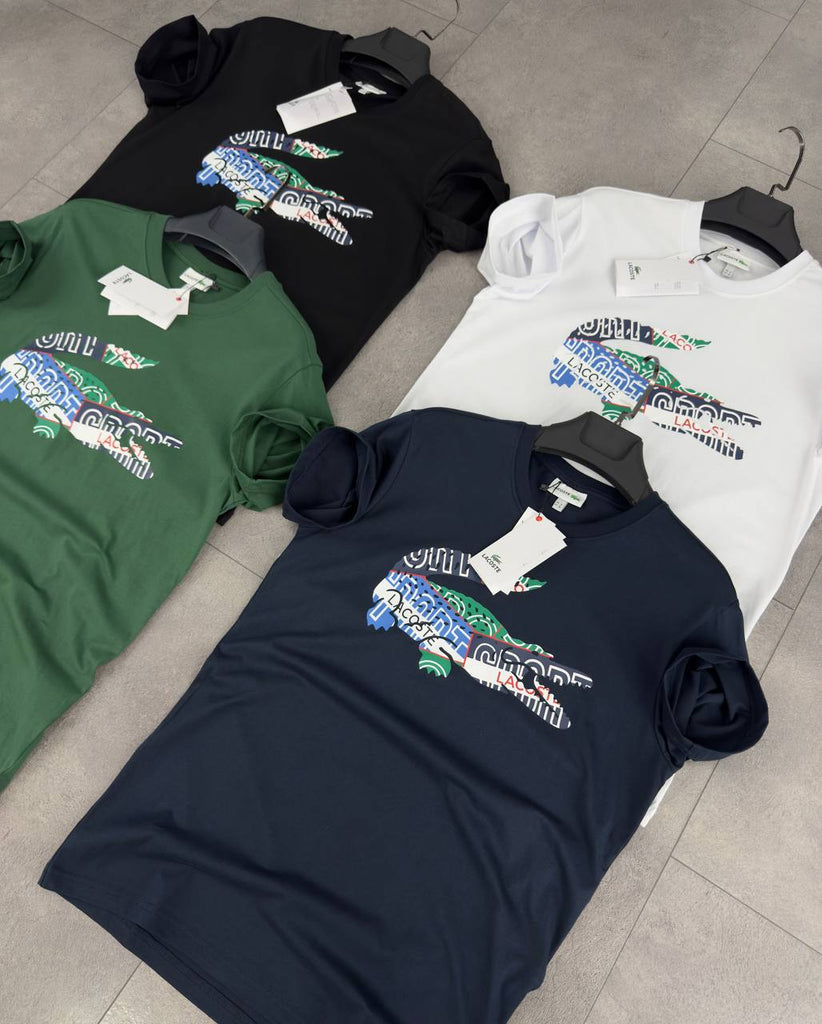 Moška majica Lacoste, s potiskanim velikim barvnim krokodilom – bela. Premium kakovost.